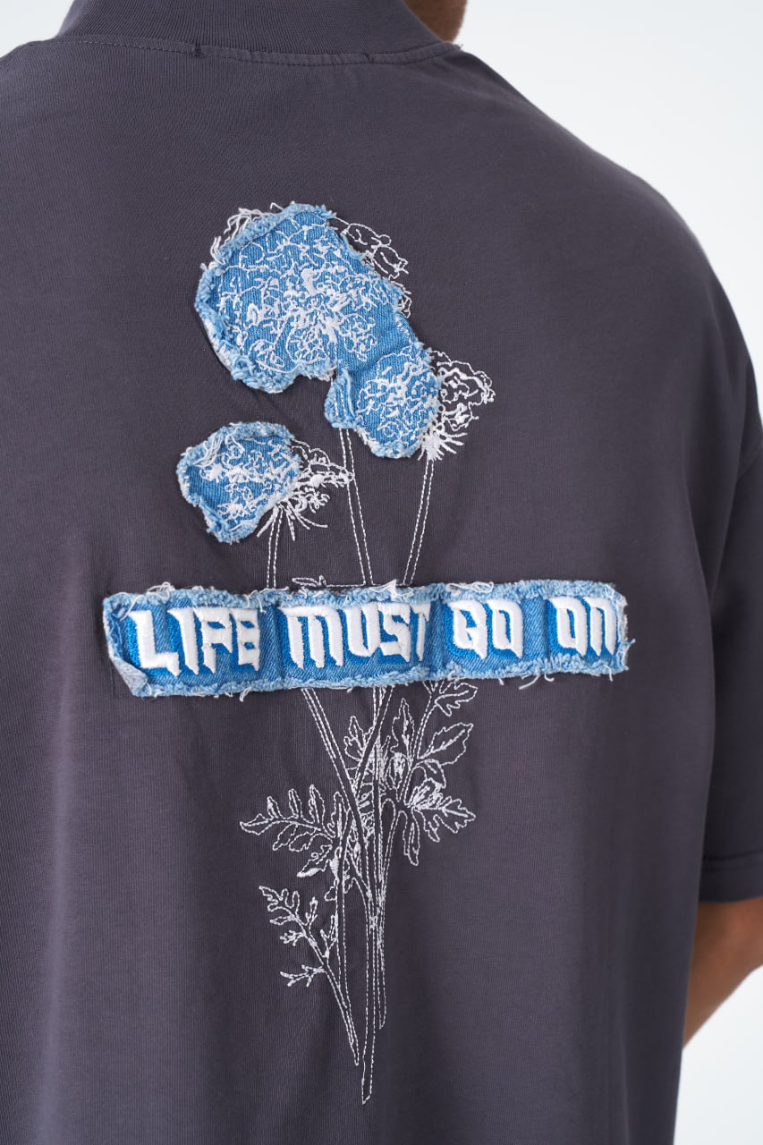 Life Must Go On Aplikeli Füme Oversize Tshirt 4851