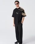 Omuz Baskı Nakışlı Siyah Oversize Tshirt 4865