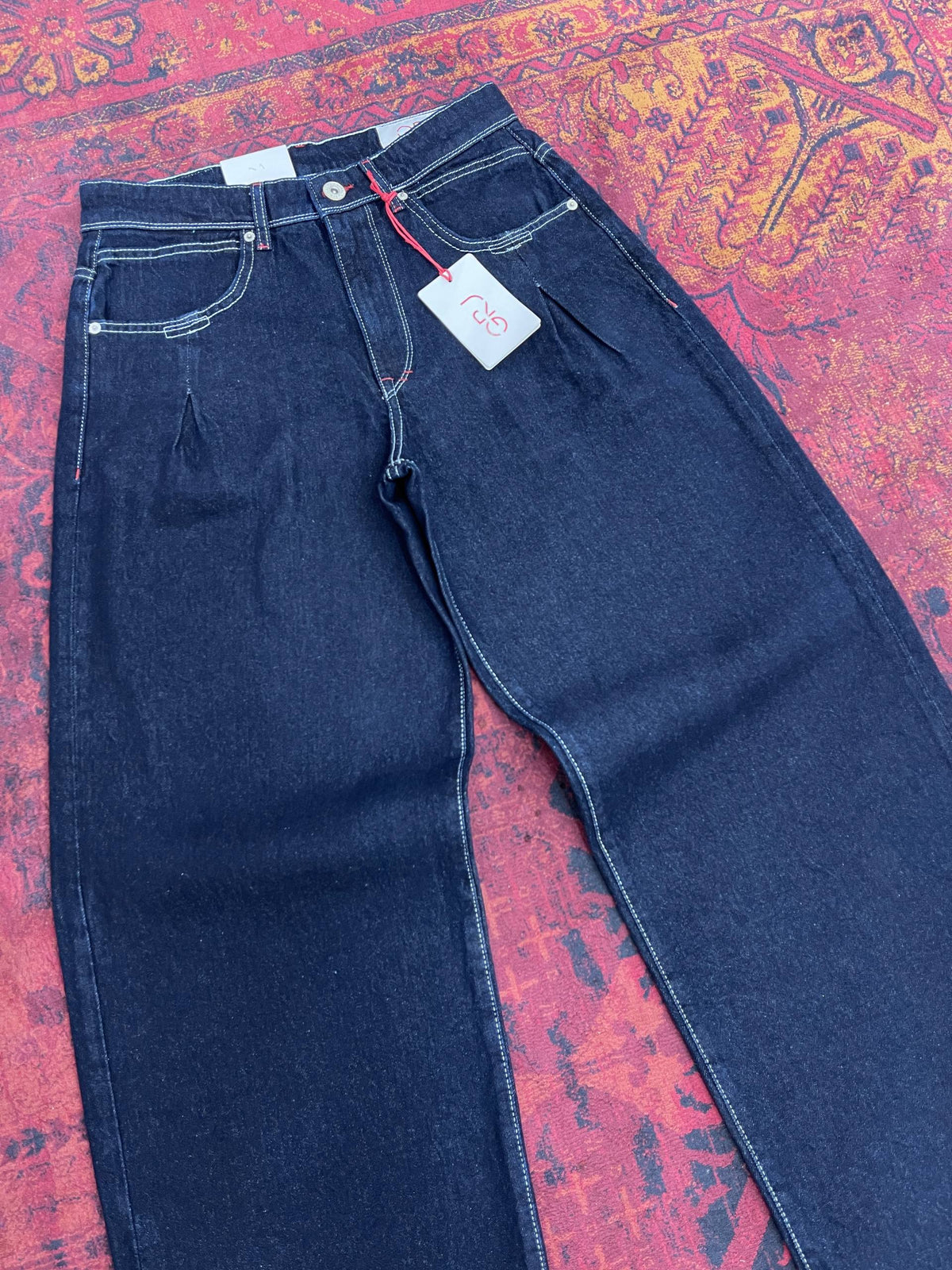 Pile Detaylı Kontrast Baggy Fit Erkek Lacivert Kot Pantolon 17255-1