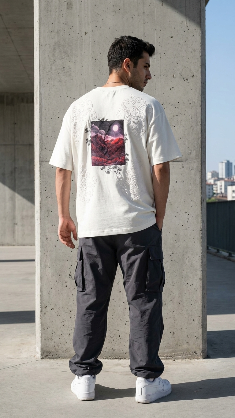 Kabartma Baskı Ekru Oversize Tshirt 5178