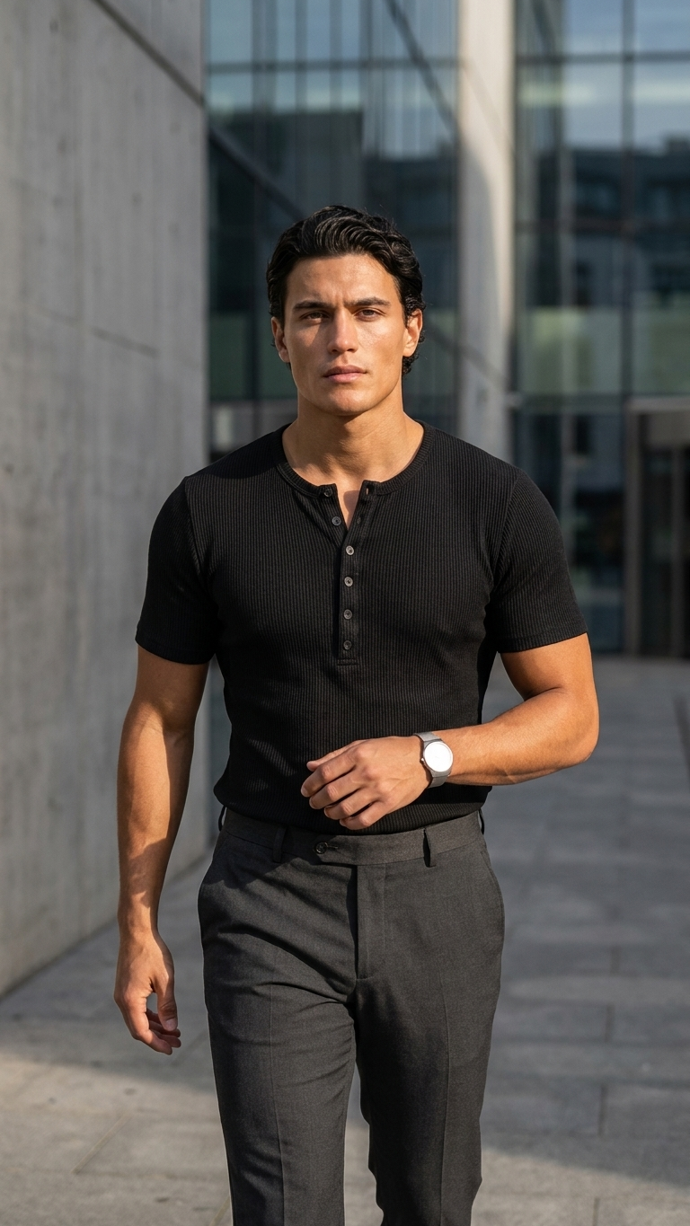 Slim Fit Düğmeli Henley Siyah Tshirt 22338