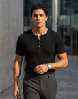 Slim Fit Düğmeli Henley Siyah Tshirt 22338