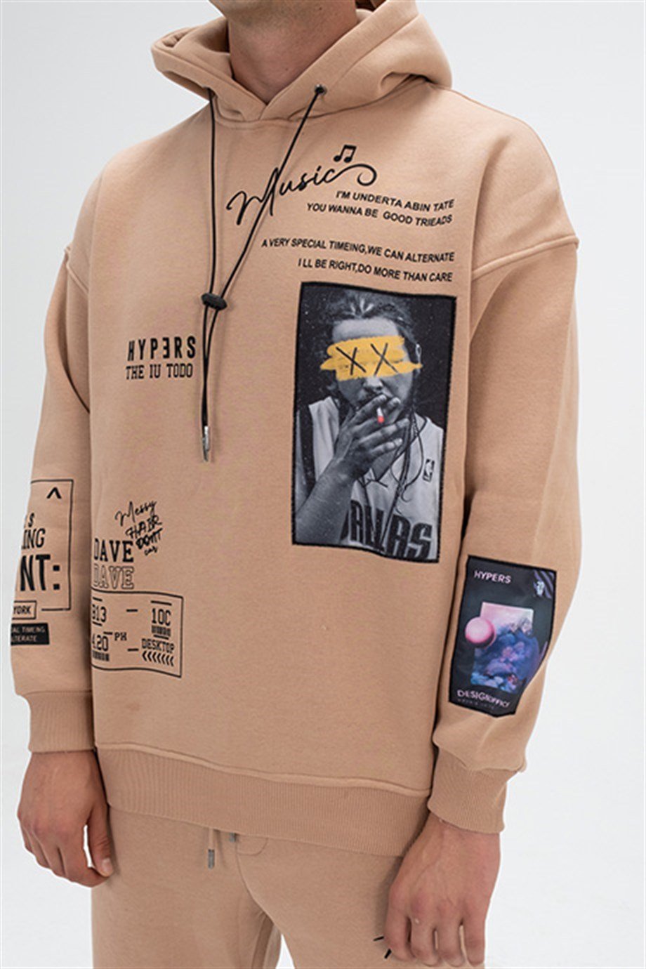 Music Baskılı Kapüşonlu Oversize Sweatshirt