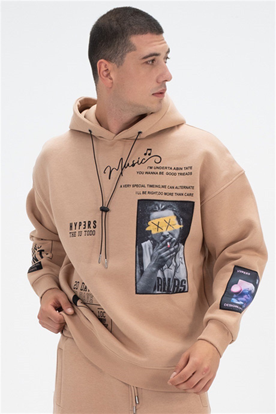 Music Baskılı Kapüşonlu Oversize Sweatshirt