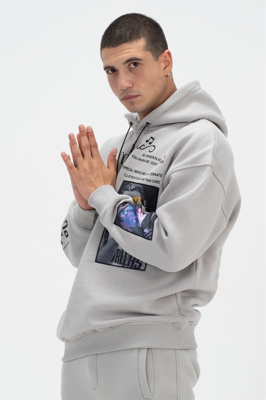 Music Baskılı Kapüşonlu Oversize Sweatshirt