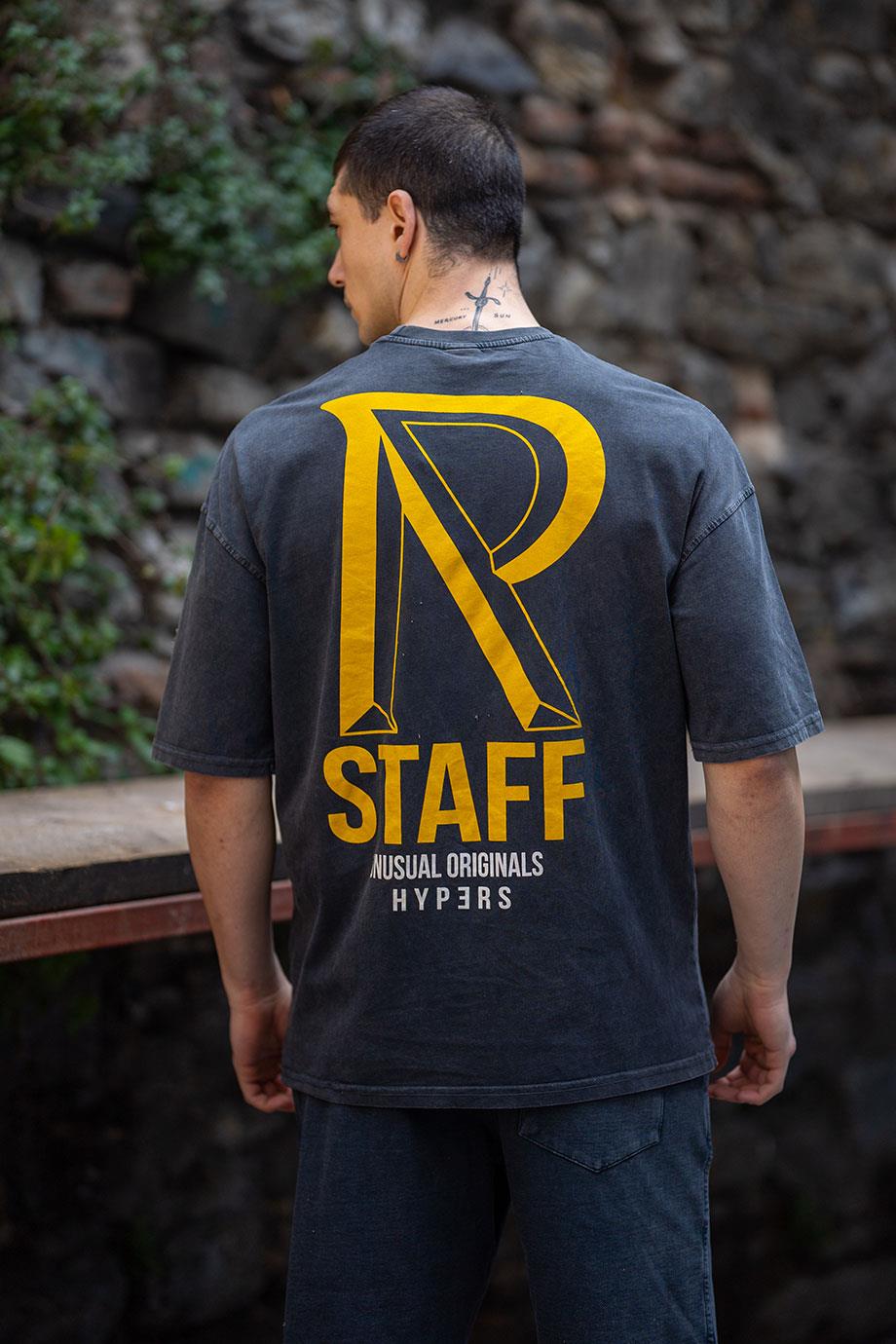 R Staff Baskılı Antrasit Yıkama Erkek Oversize Tshirt
